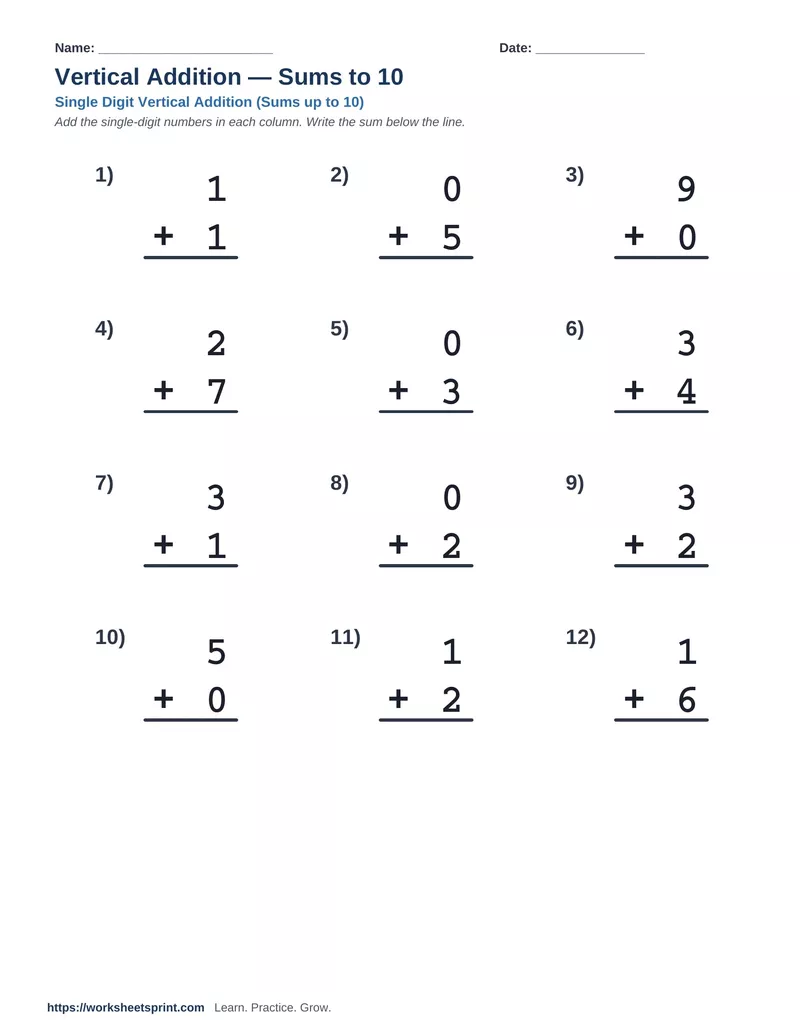 Vertical Addition Sums to 10 — Version 3