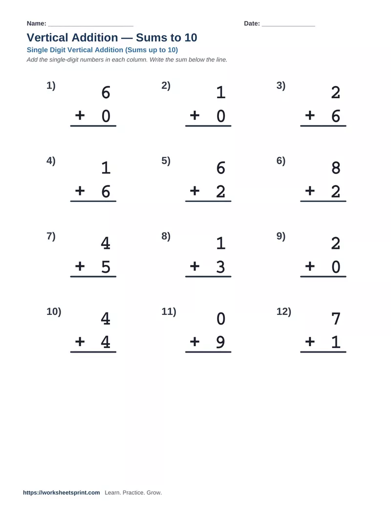 Vertical Addition Sums to 10 — Version 4