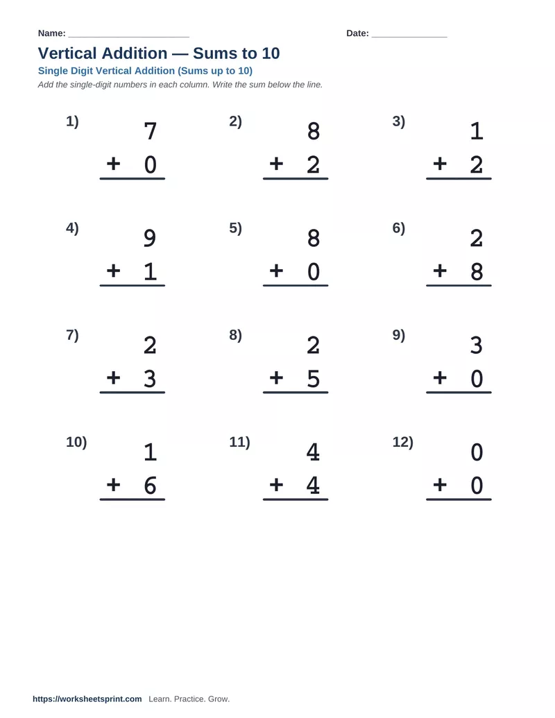 Vertical Addition Sums to 10 — Version 5