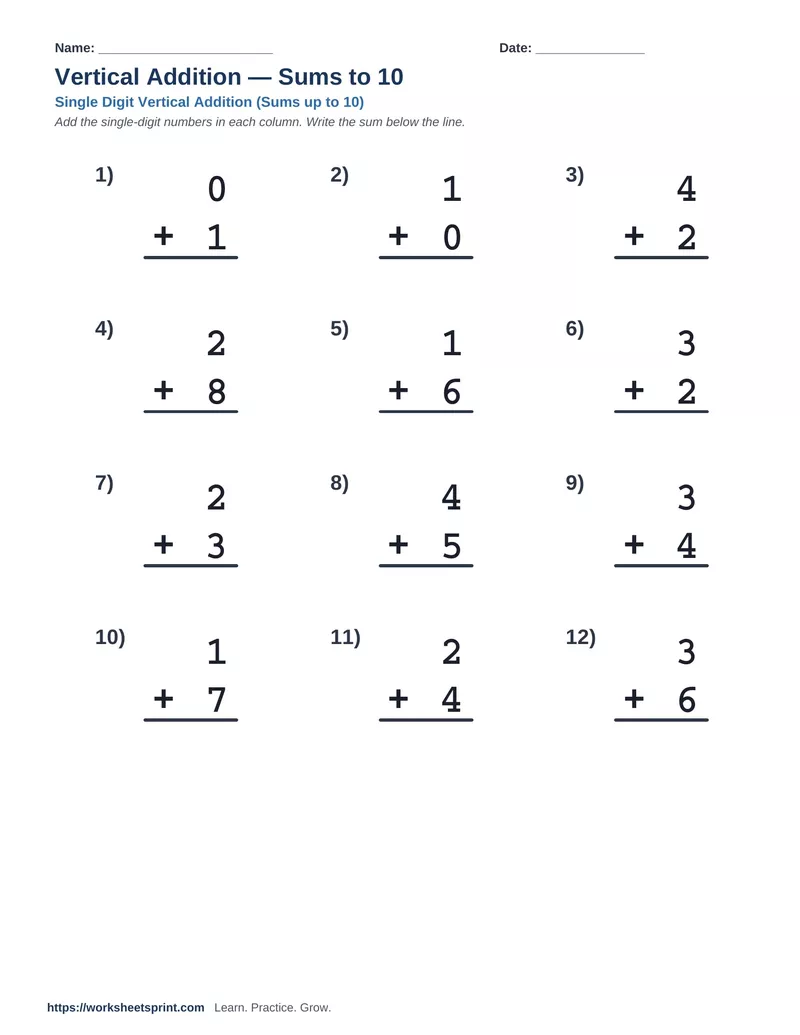 Vertical Addition Sums to 10 — Version 6