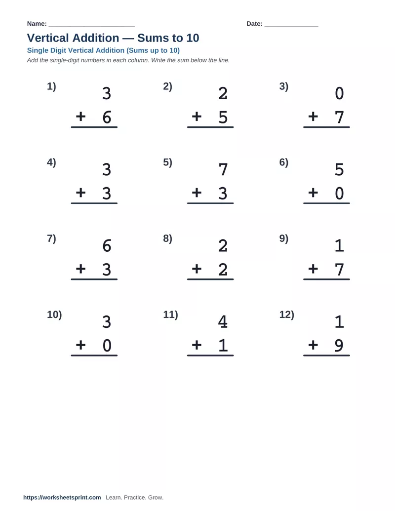 Vertical Addition Sums to 10 — Version 8