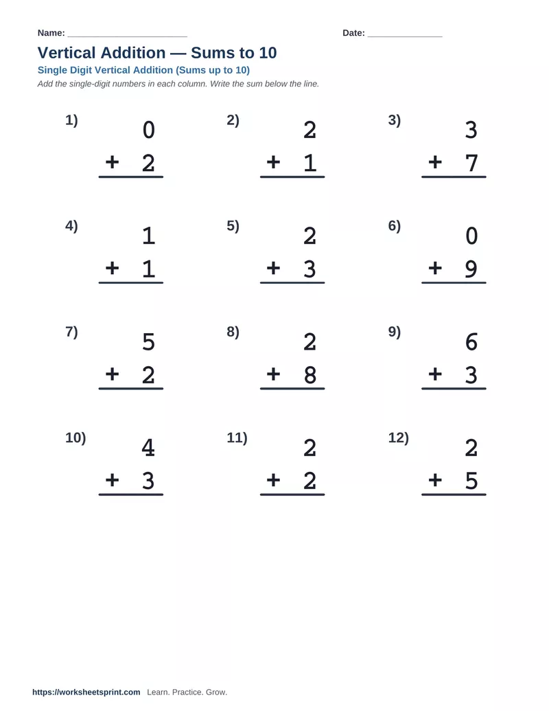 Vertical Addition Sums to 10 — Version 9