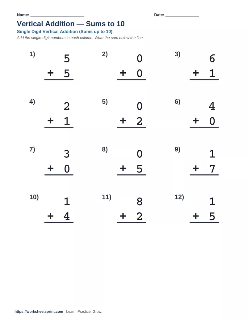 Vertical Addition Sums to 10 — Version 10