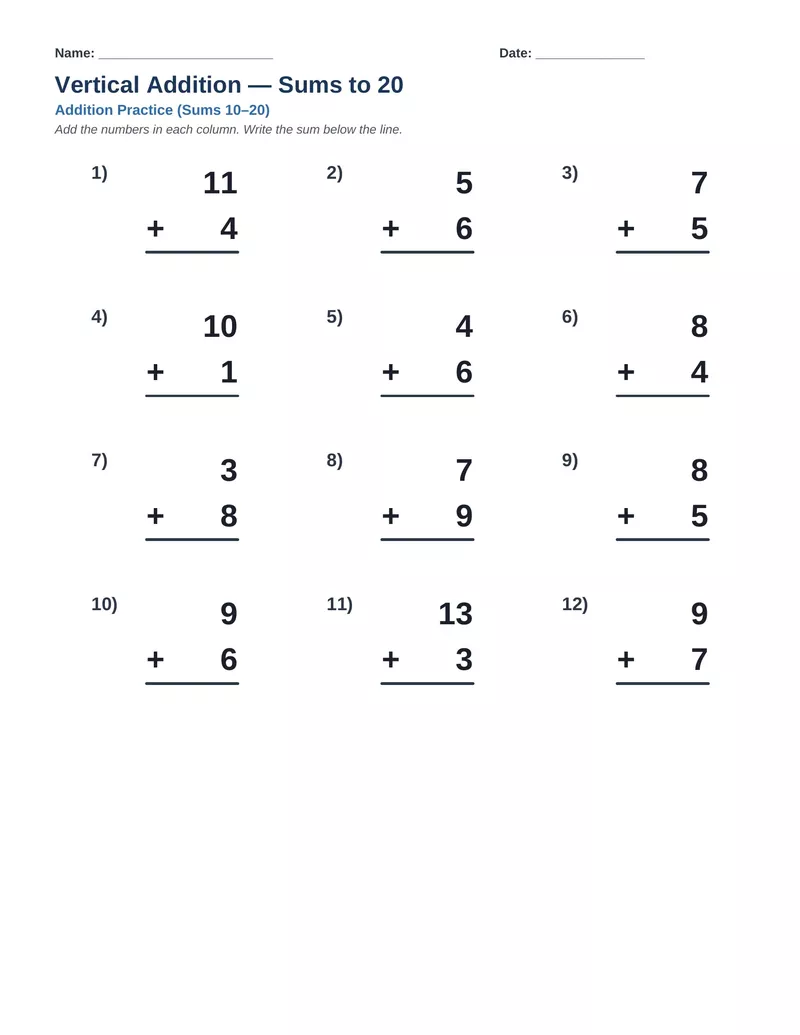 Vertical Addition Sums to 20 — Version 1
