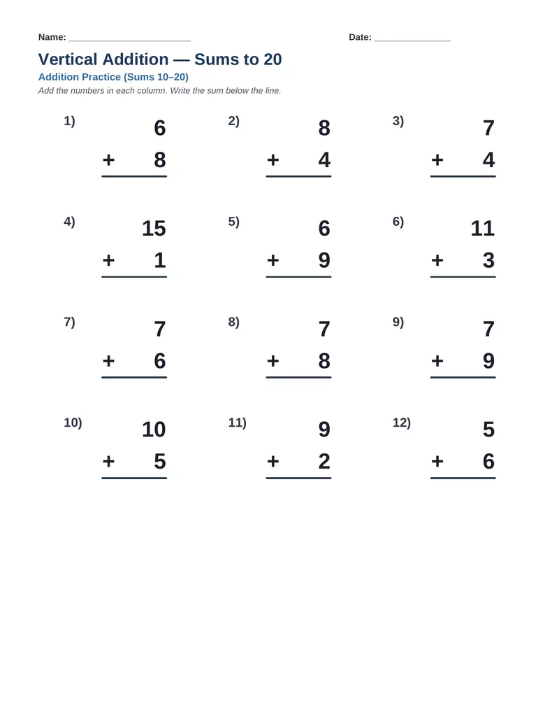 Vertical Addition Sums to 20 — Version 2