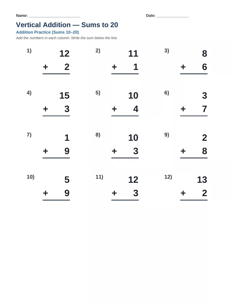 Vertical Addition Sums to 20 — Version 3