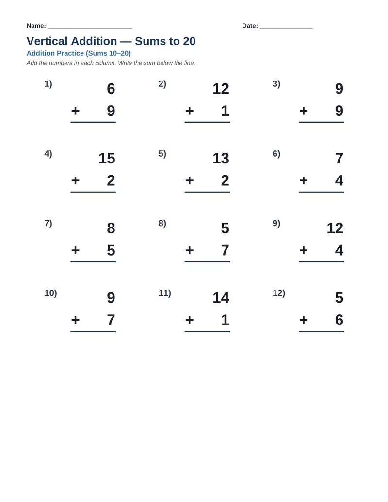 Vertical Addition Sums to 20 — Version 4