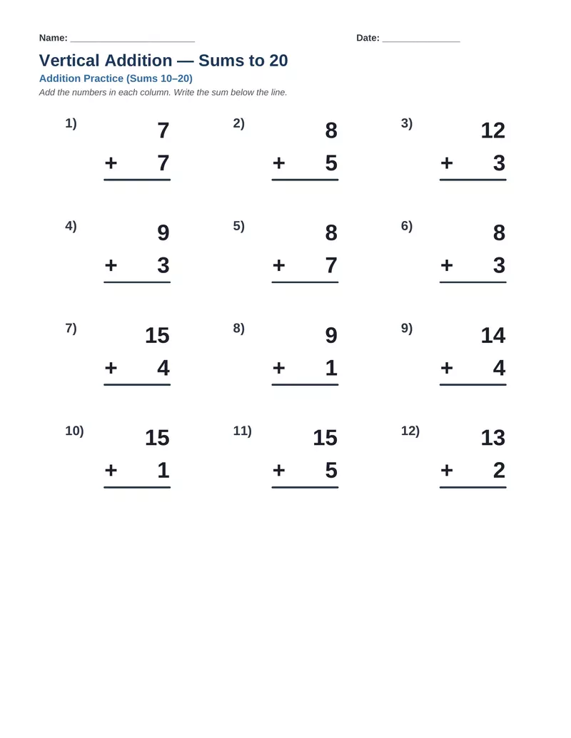 Vertical Addition Sums to 20 — Version 5