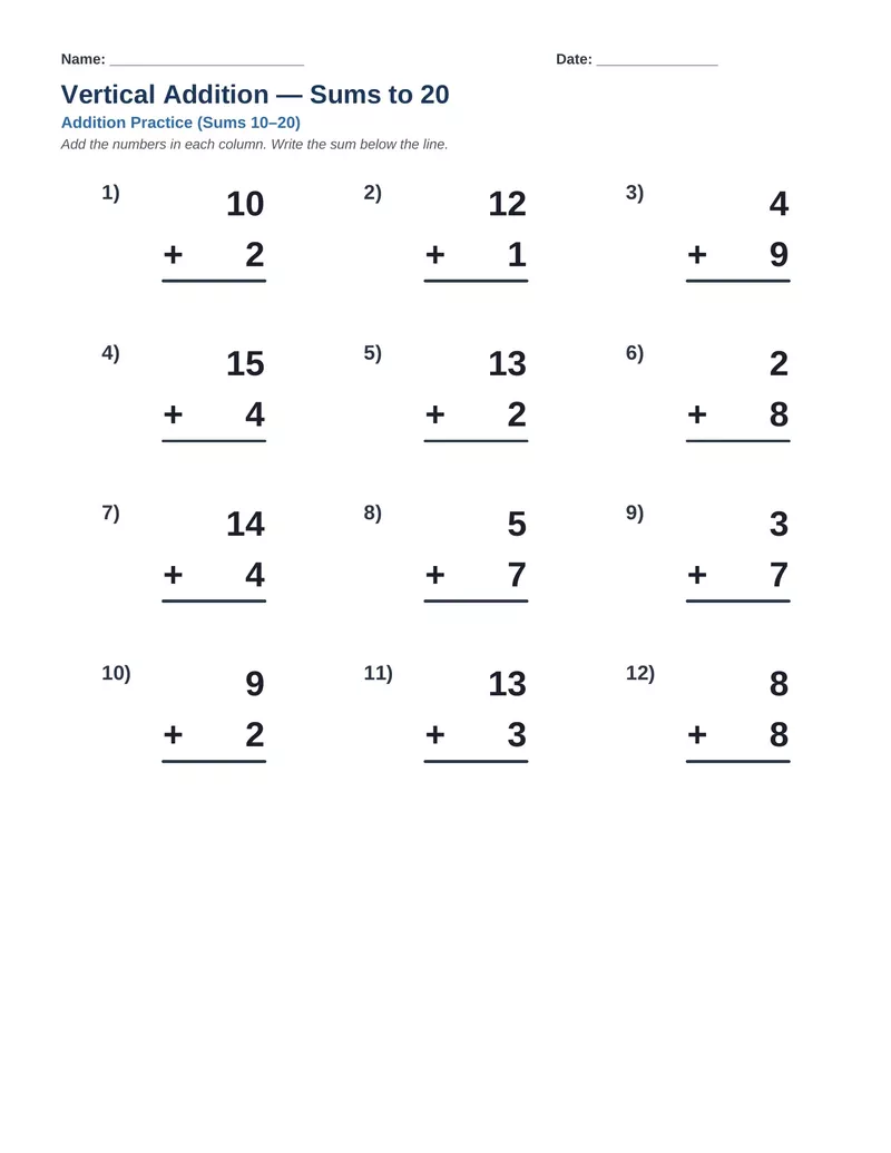 Vertical Addition Sums to 20 — Version 6