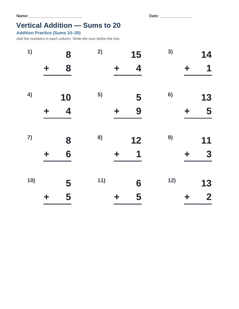 Vertical Addition Sums to 20 — Version 7