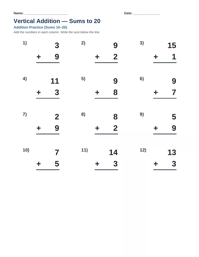 Vertical Addition Sums to 20 — Version 8