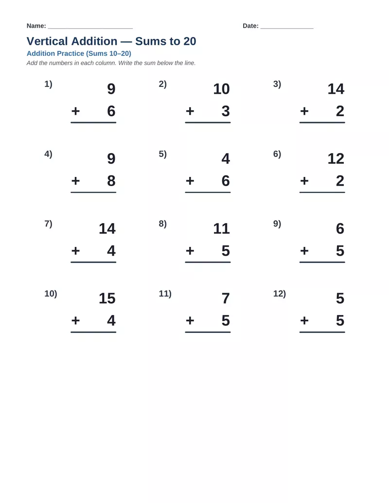 Vertical Addition Sums to 20 — Version 9
