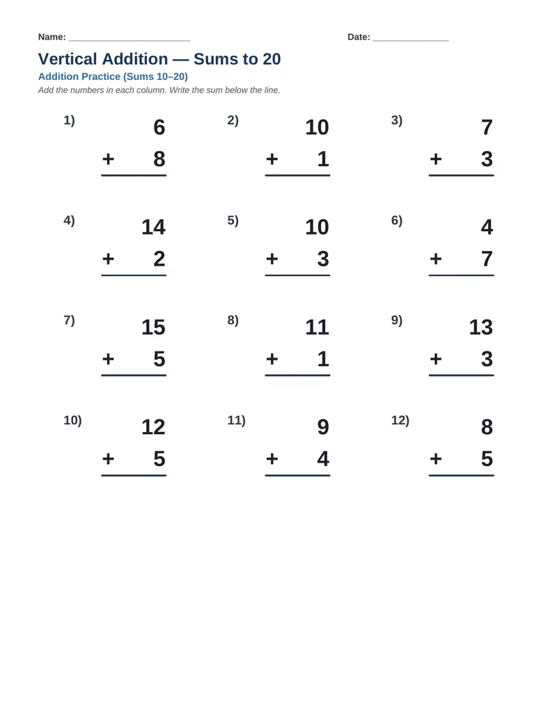 Vertical Addition Sums to 20 — Version 10