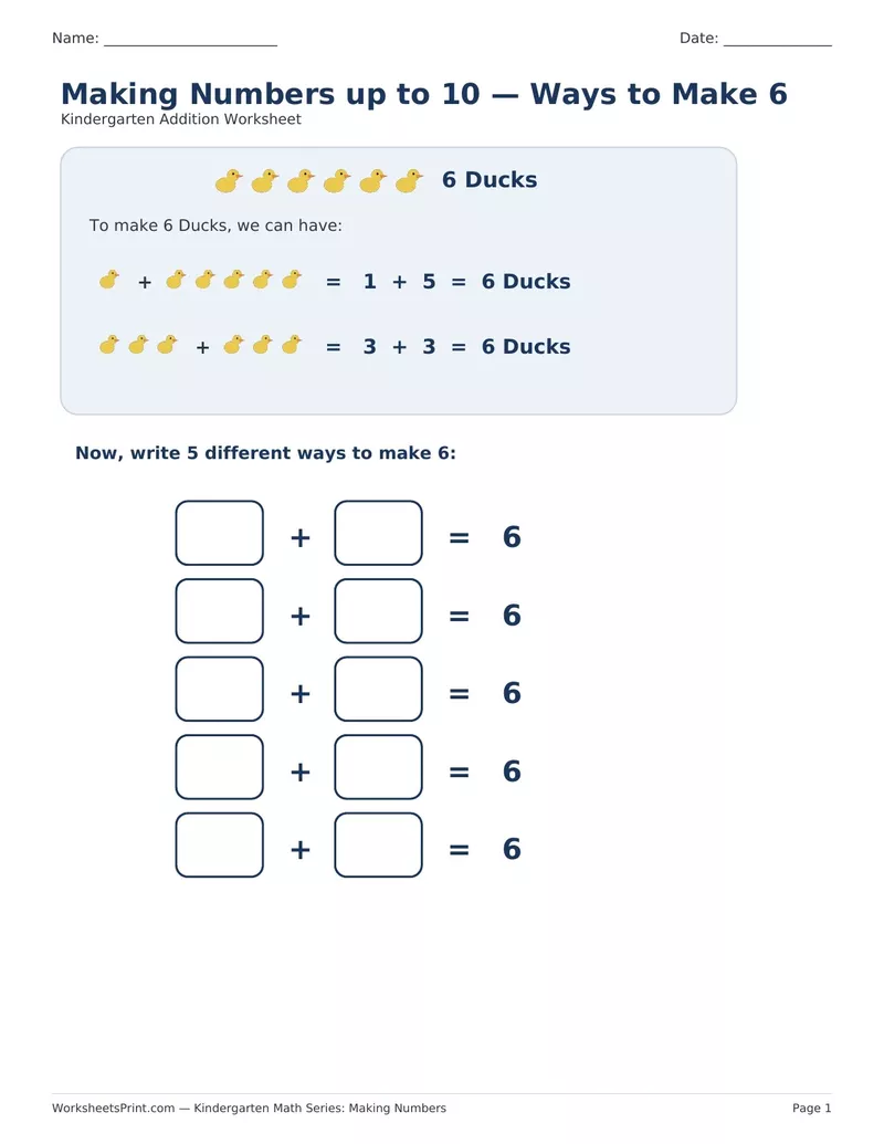Ways to Make 6: Friendly Ducks